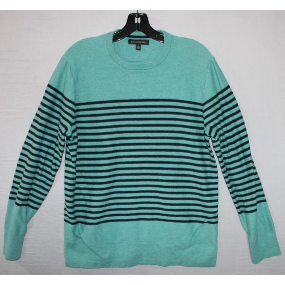 Banana Republic Men's Cotton Blend Crewneck Sweater Green Striped Size Medium